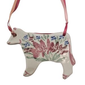 Vintage ceramic cow pink pastels on ribbon lanyard